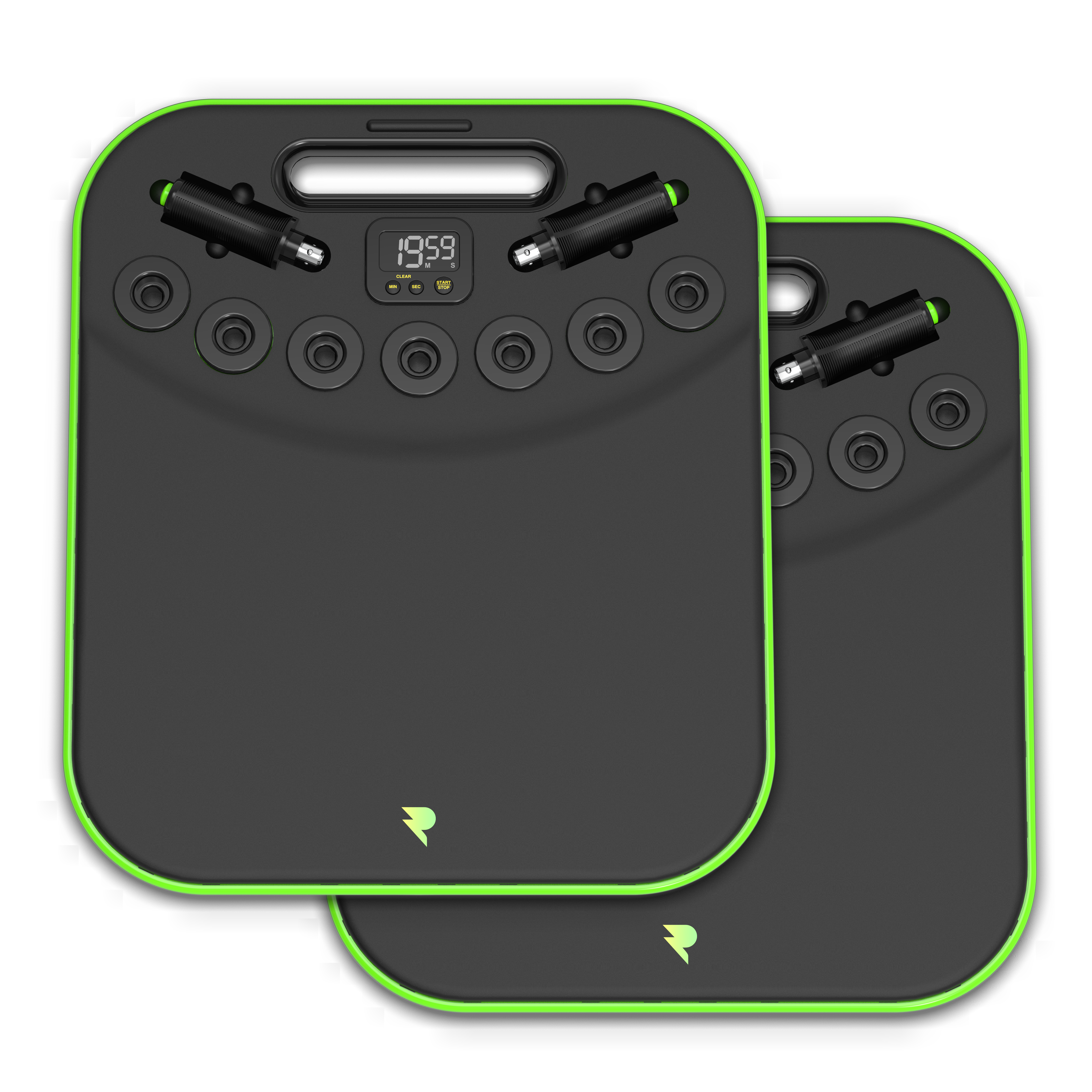 Set of two green-edged, black fitness boards with multiple resistance band attachment points.