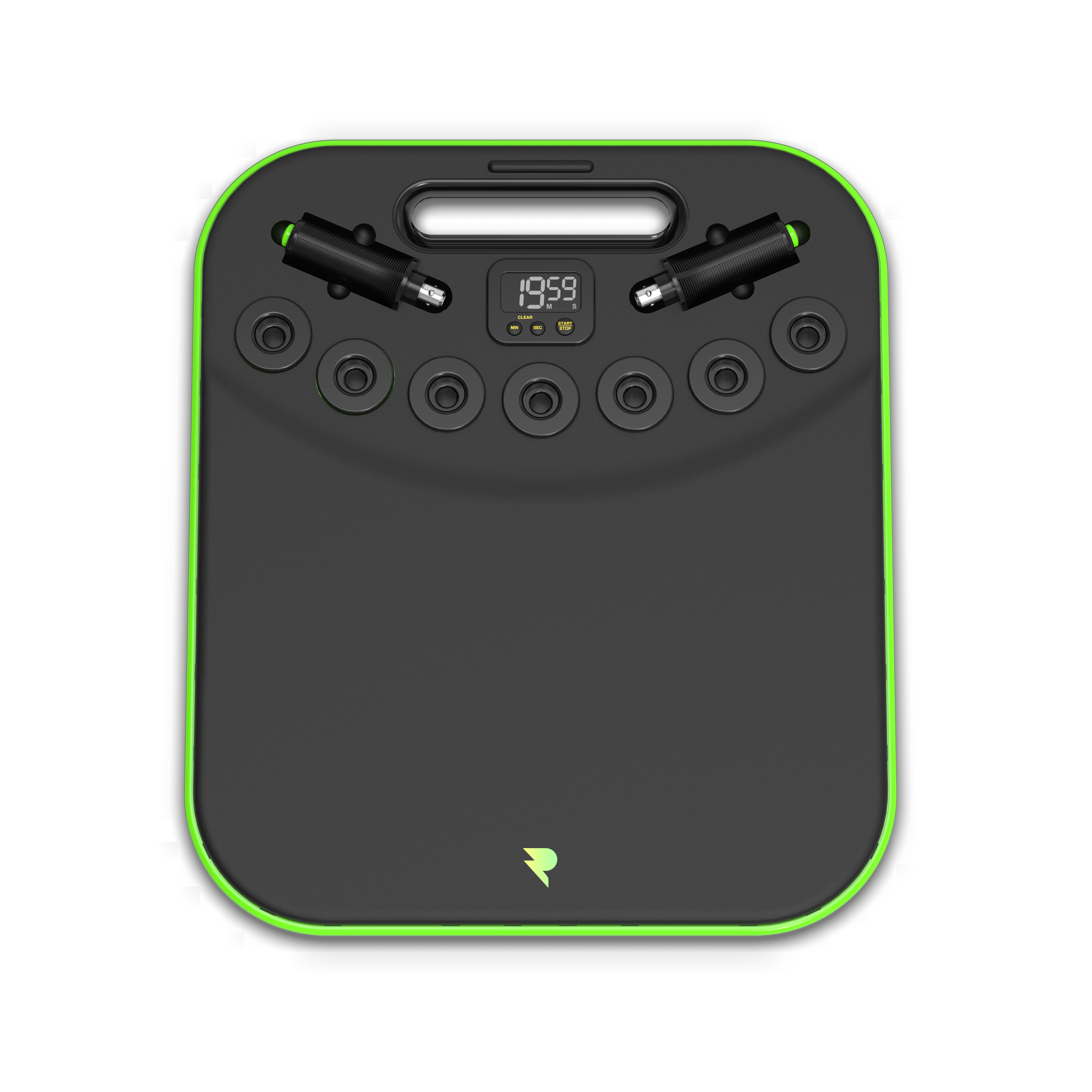 Black and neon green portable charging station with multiple ports and a digital display.