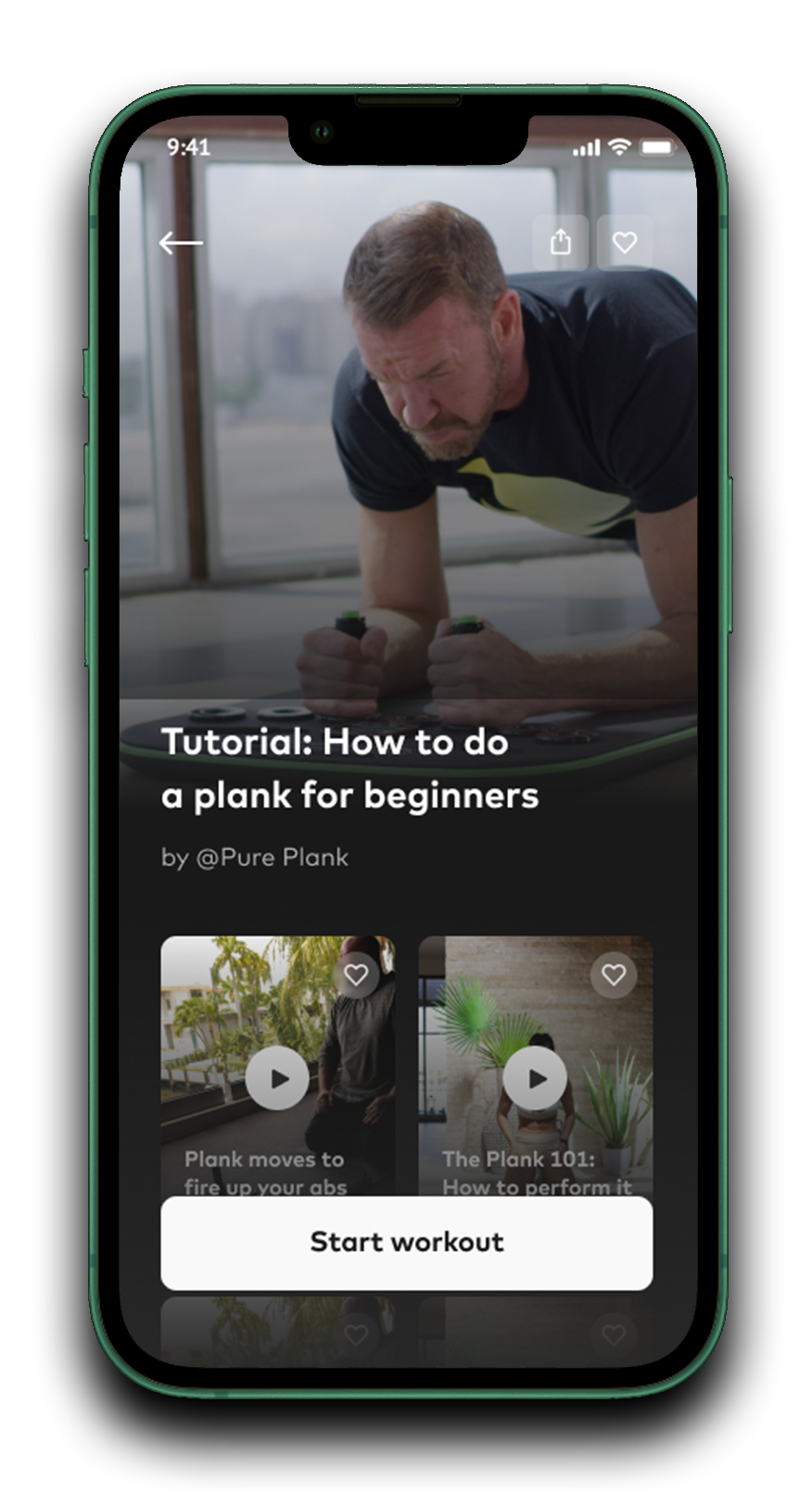 Fitness app on smartphone showing plank tutorial for beginners.