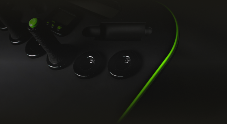 Dark control panel with buttons and a neon green stripe.