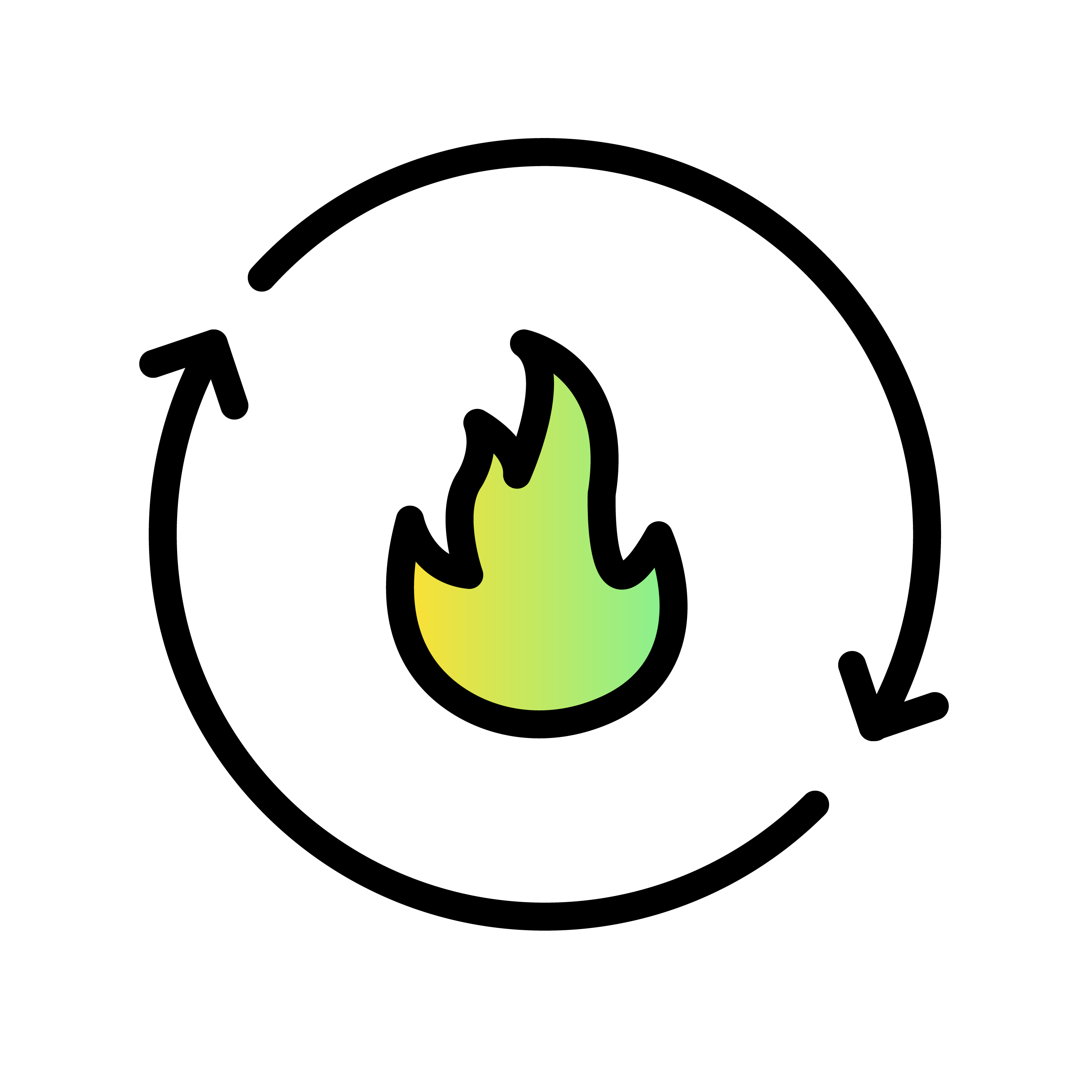 Neon green flame icon on a black background.