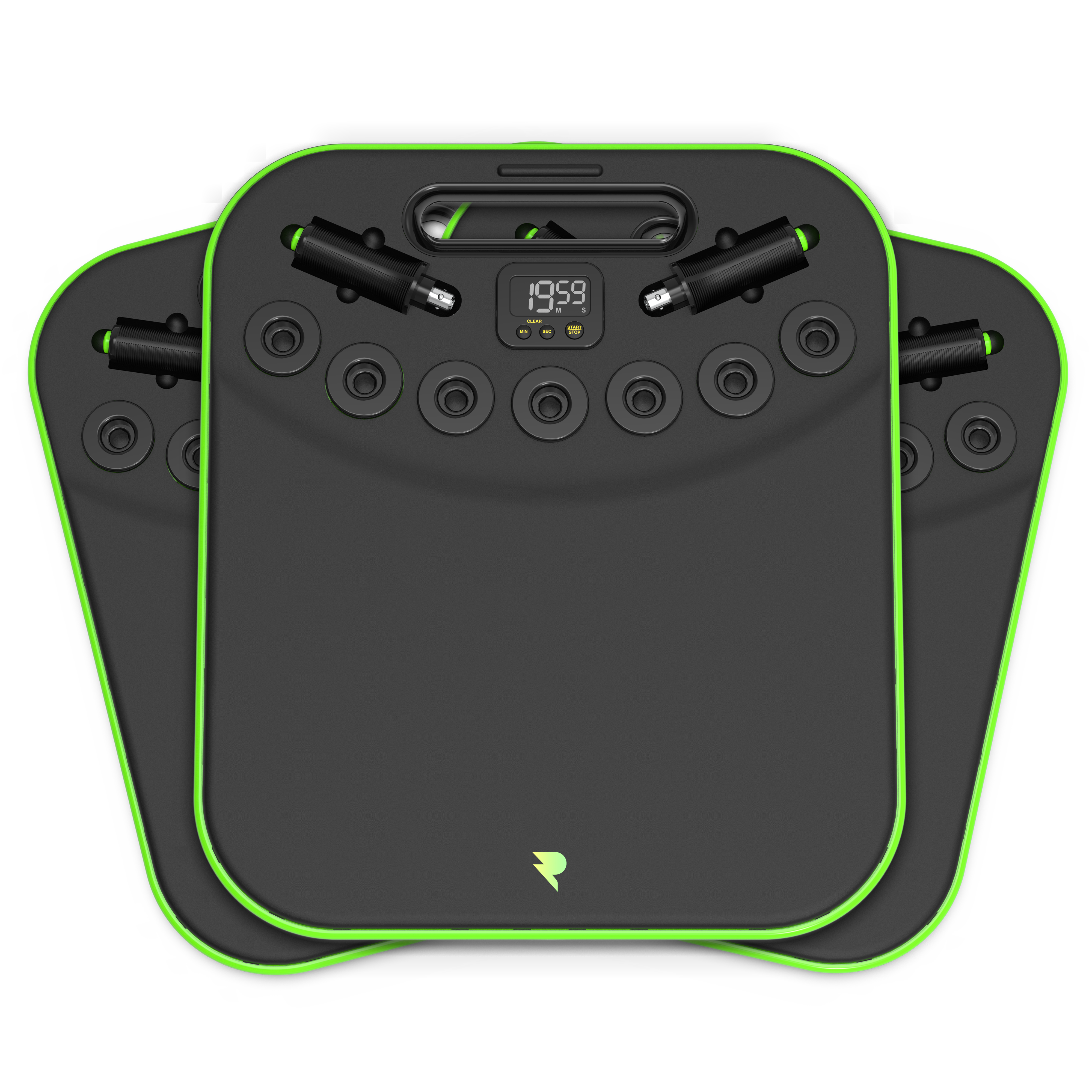 Compact fitness device with resistance bands and digital display, featuring a green-accented black design.